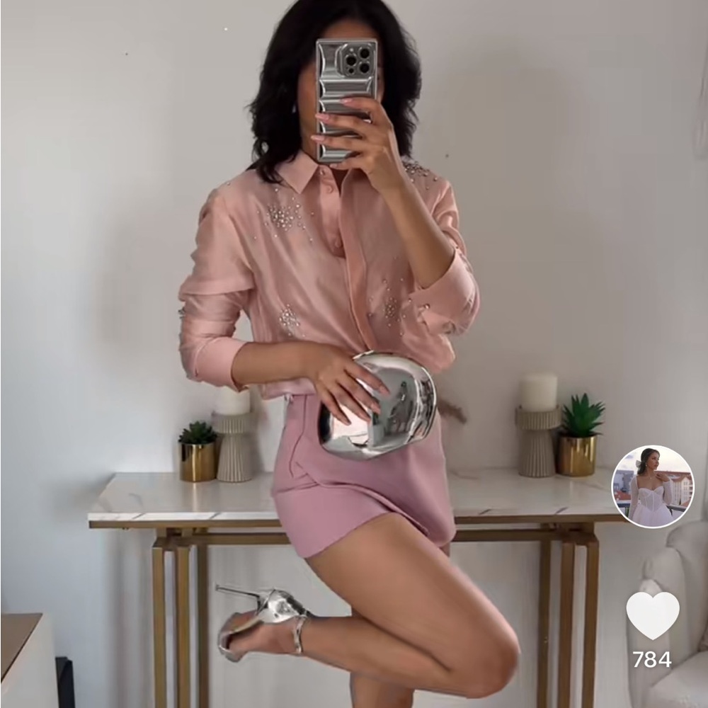Zara Pink Beaded Satin Blouse
